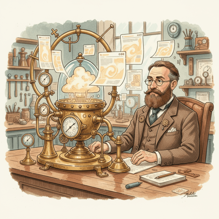 Victorian-futurist search observatory with brass gauges measuring glowing web pages, painted in warm watercolour and ink