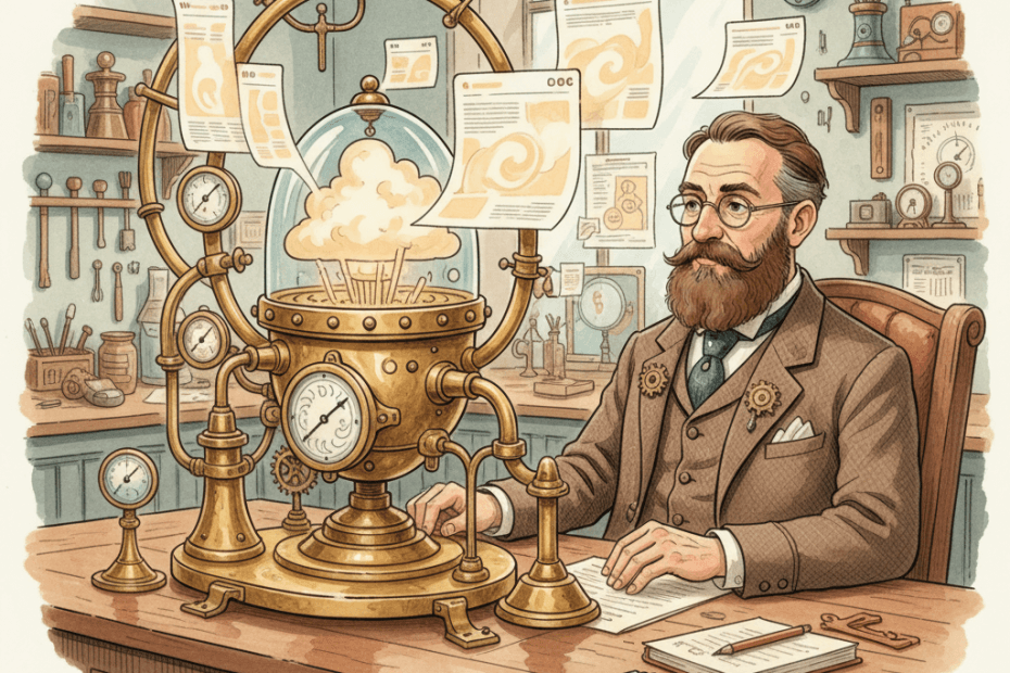 Victorian-futurist search observatory with brass gauges measuring glowing web pages, painted in warm watercolour and ink
