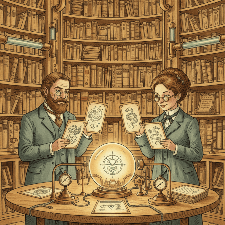 Victorian-futurist librarians comparing conflicting brass information cards inside a warm watercolour search archive