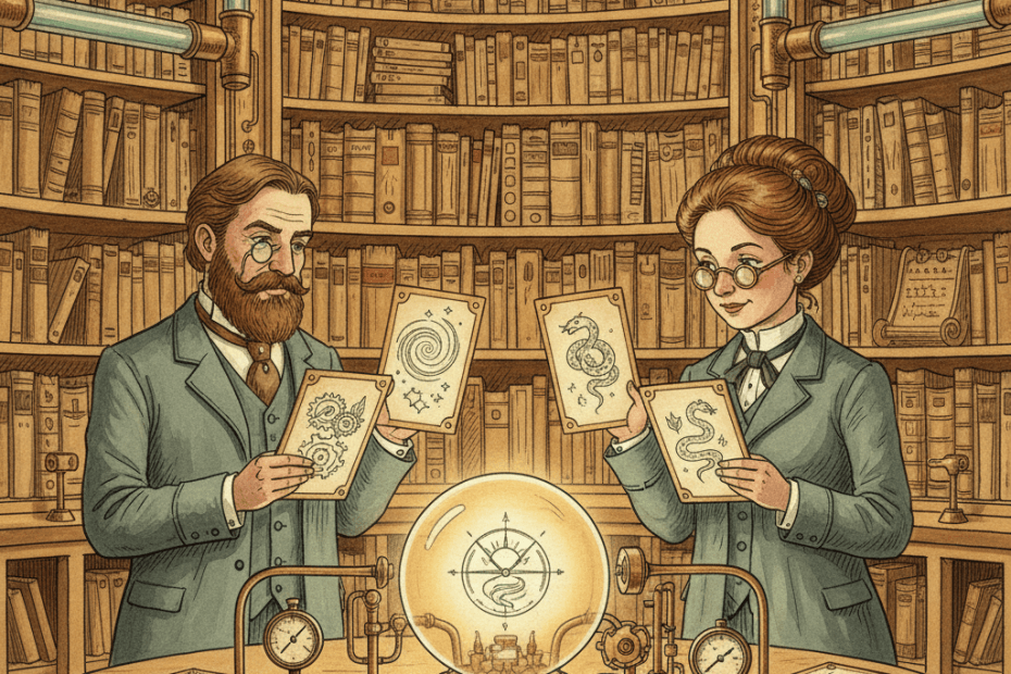 Victorian-futurist librarians comparing conflicting brass information cards inside a warm watercolour search archive