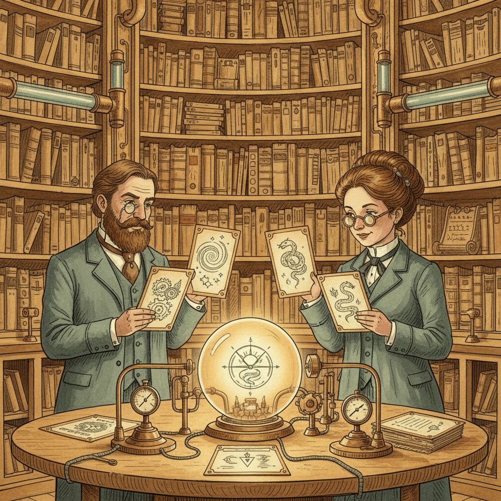 Victorian-futurist librarians comparing conflicting brass information cards inside a warm watercolour search archive
