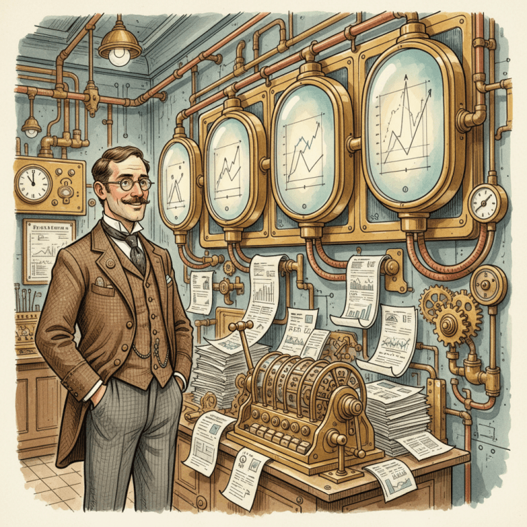 Victorian-futurist advertising analyst studying brass dashboards and glowing charts in a warm watercolour workshop