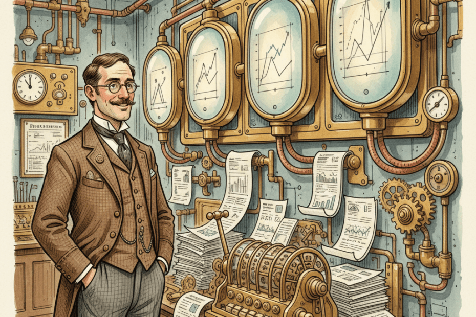 Victorian-futurist advertising analyst studying brass dashboards and glowing charts in a warm watercolour workshop