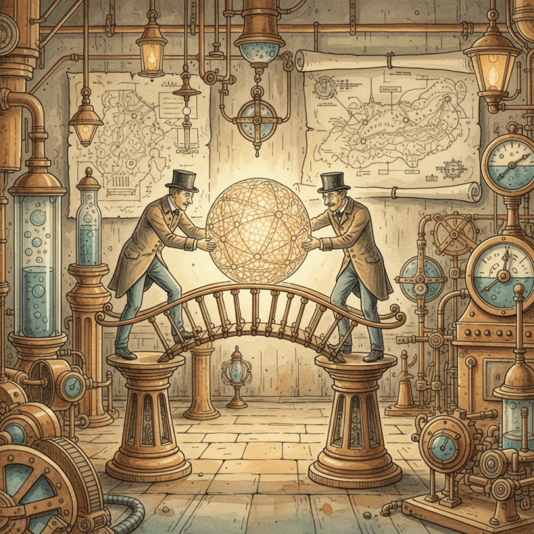 Victorian-futurist engineers carefully moving a glowing website mechanism between brass domain signposts