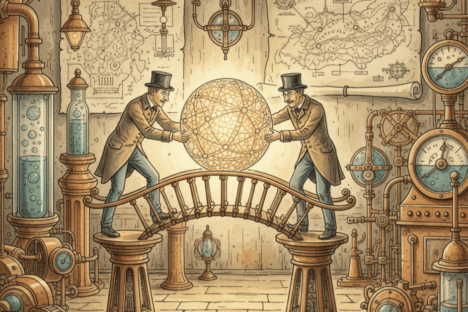 Victorian-futurist engineers carefully moving a glowing website mechanism between brass domain signposts