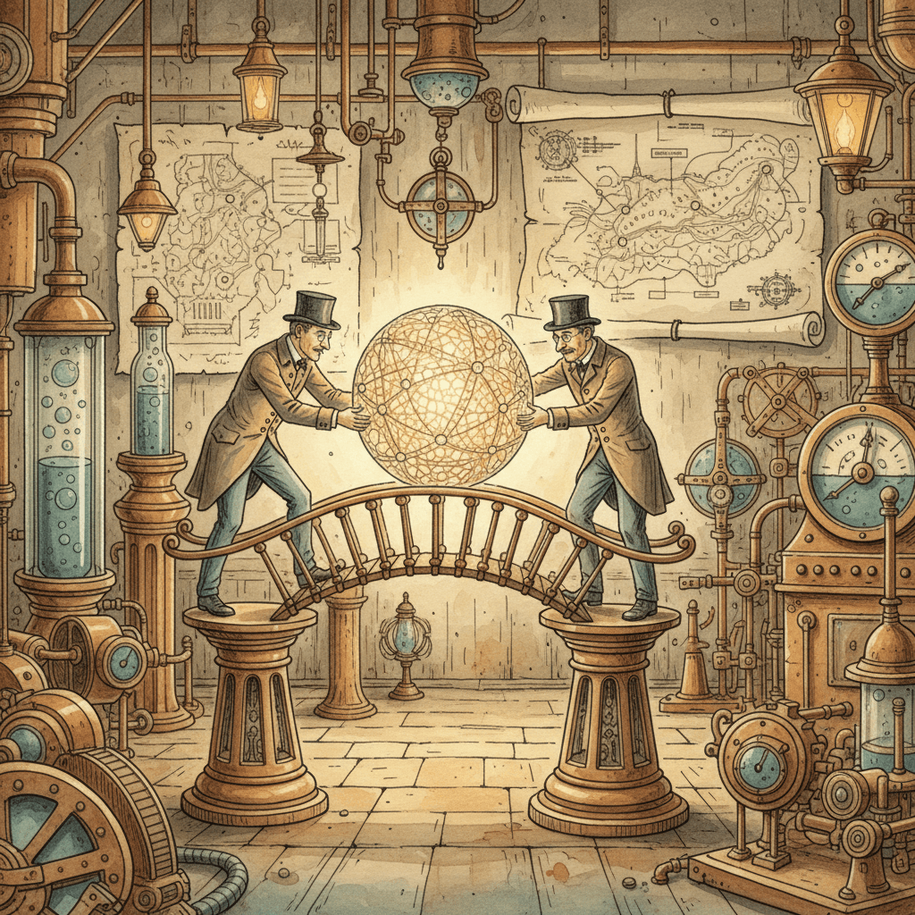 Victorian-futurist engineers carefully moving a glowing website mechanism between brass domain signposts