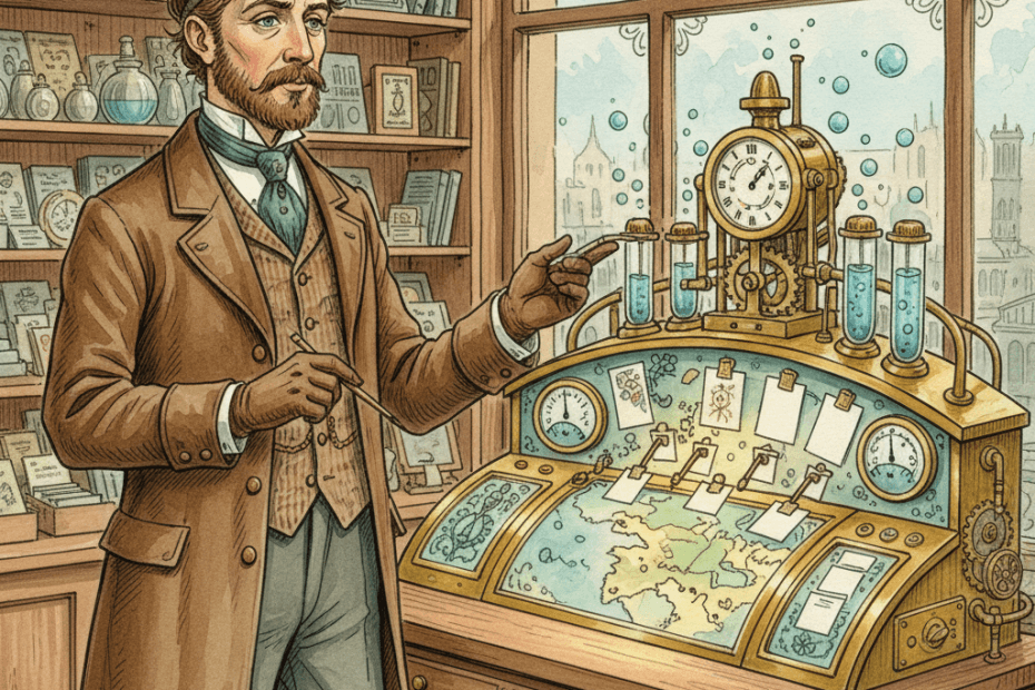 Victorian-futurist local business dashboard measuring the reach of shop updates across Bath and the South West