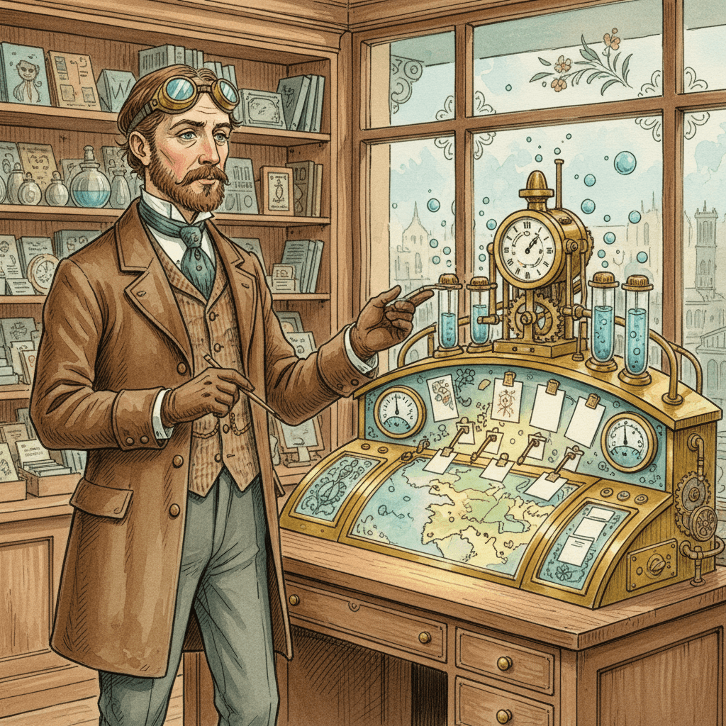 Victorian-futurist local business dashboard measuring the reach of shop updates across Bath and the South West