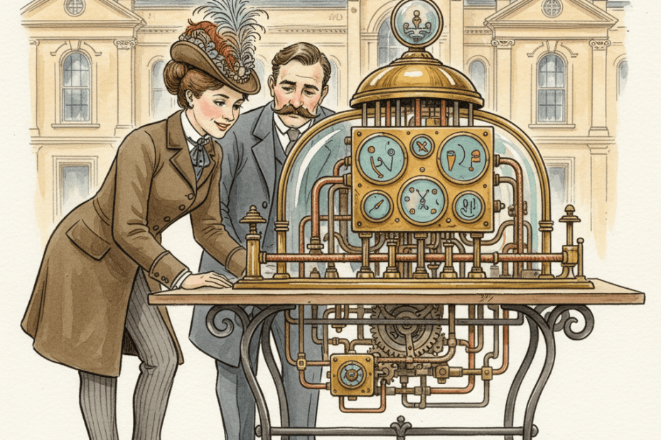 Victorian-futurist analysts examining an imperfect brass search visibility instrument