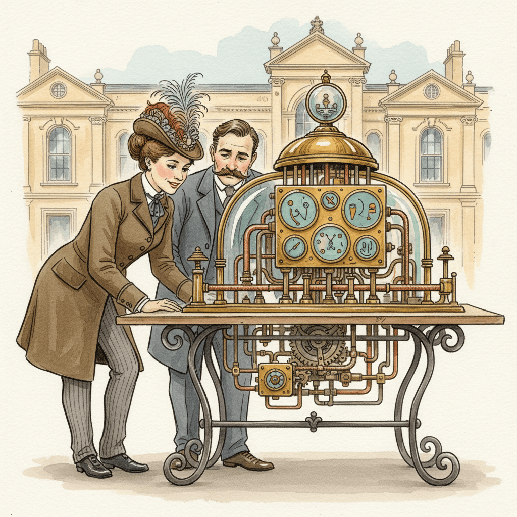 Victorian-futurist analysts examining an imperfect brass search visibility instrument