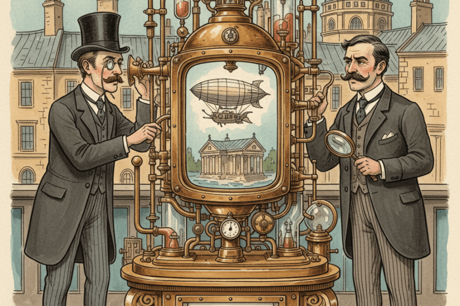 Victorian-futurist advertisers checking an AI-made advert with brass inspection instruments