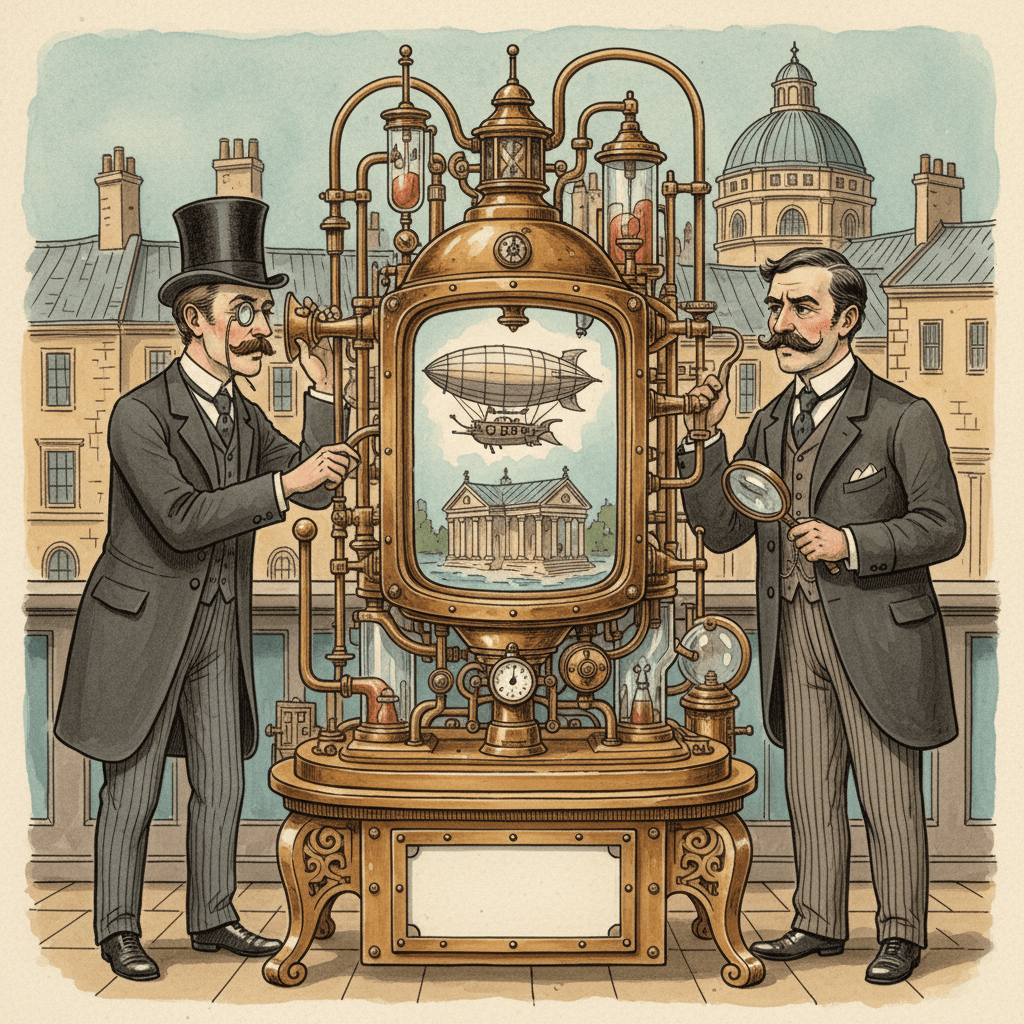 Victorian-futurist advertisers checking an AI-made advert with brass inspection instruments