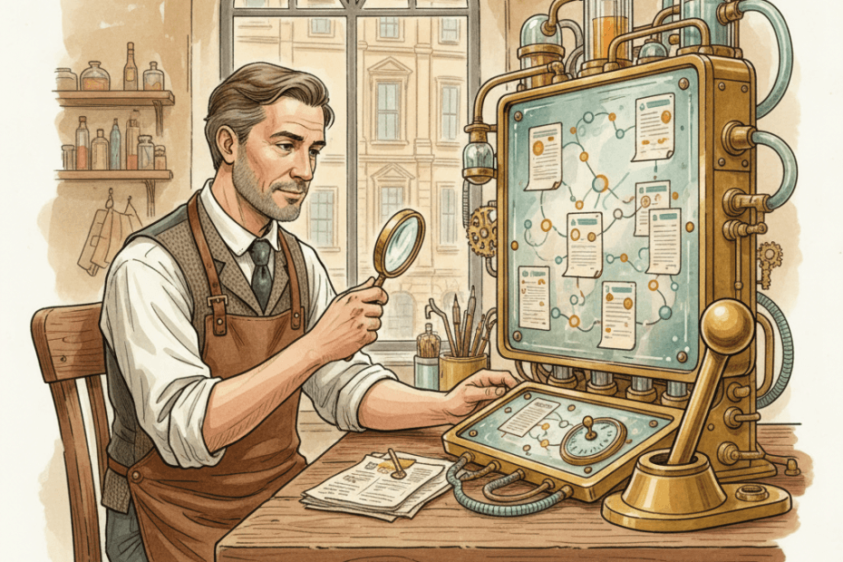 Victorian-futurist search console with brass gauges, teal map lights and a small South West business website displayed without text