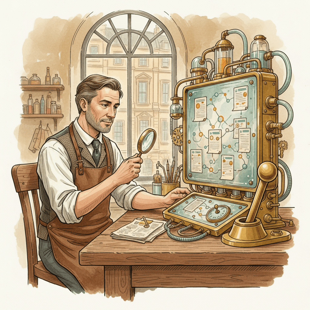 Victorian-futurist search console with brass gauges, teal map lights and a small South West business website displayed without text