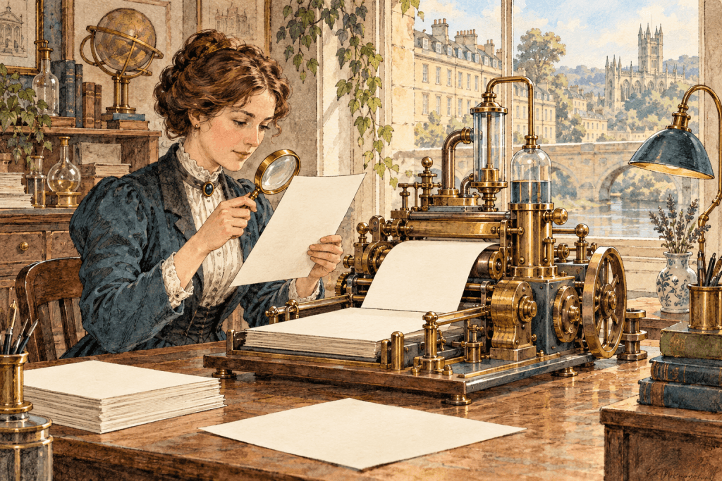 Watercolour illustration of a Victorian business owner examining a blank sheet beside a brass content-printing machine in a Bath workshop