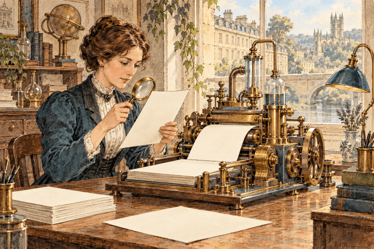 Watercolour illustration of a Victorian business owner examining a blank sheet beside a brass content-printing machine in a Bath workshop