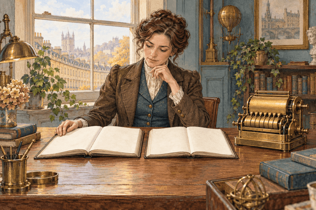 Watercolour illustration of a Bath business owner comparing two blank ledgers beside a brass calculating machine