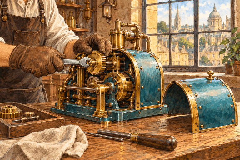 Watercolour and ink illustration of gloved hands repairing a brass and teal mechanical engine in a workshop overlooking Bath stone buildings