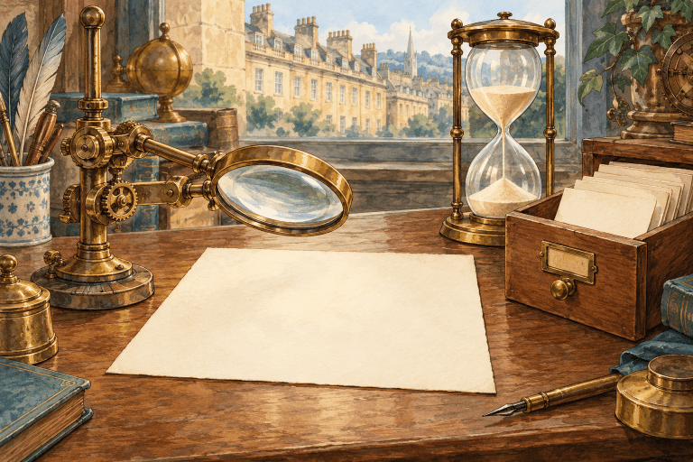 Watercolour illustration of a glass hourglass beside a brass mechanical magnifying lens, blank paper and an open filing drawer in a Victorian Bath workshop