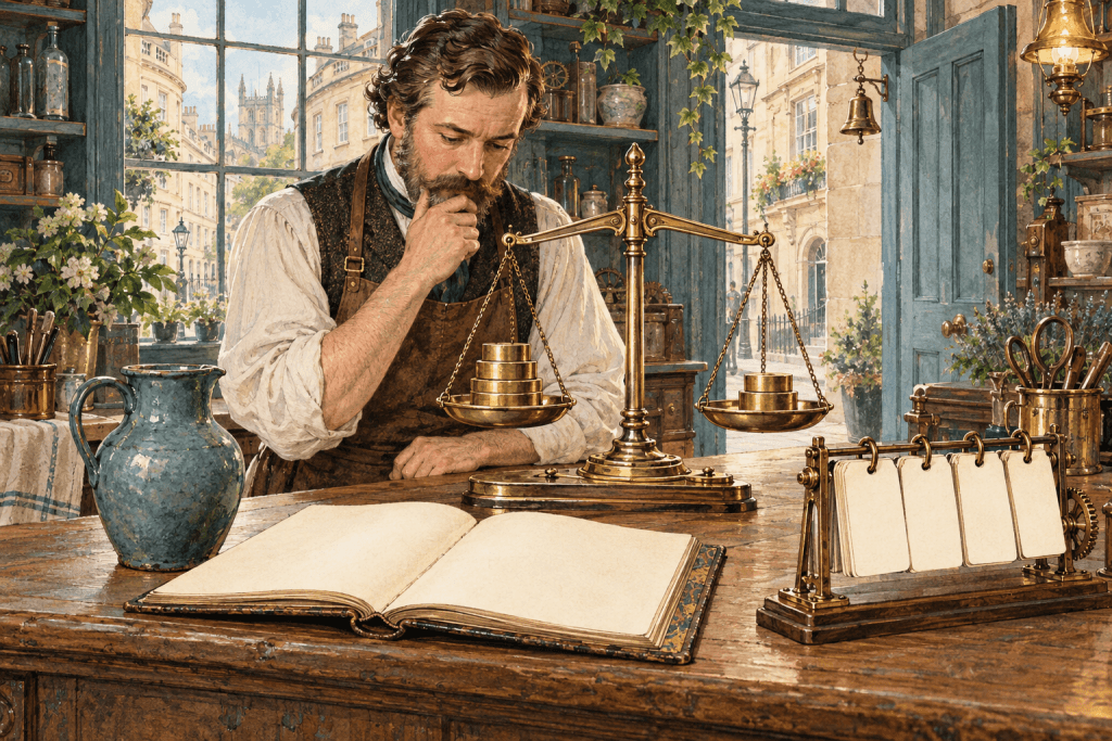 Watercolour illustration of a brass balance scale, teal ceramic jug and blank ledger on a Victorian shop counter in Bath