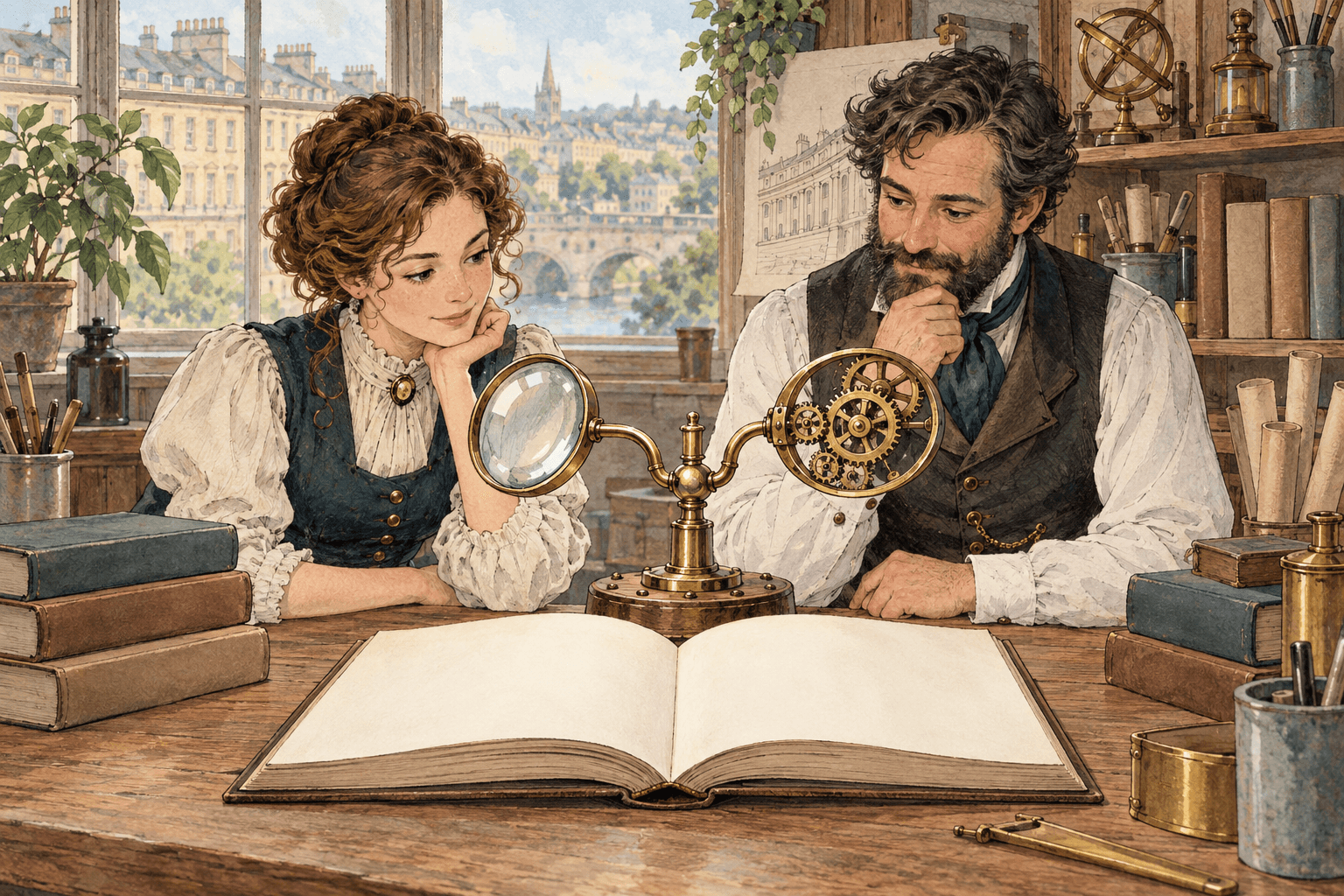 Watercolour illustration of two Victorian colleagues studying a blank book beside a brass lens and gears, with Bath buildings beyond the window