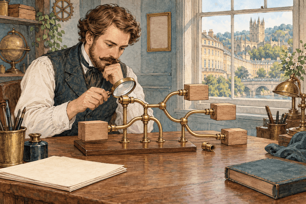 Watercolour illustration of a Victorian technician checking a branching brass routing machine with a magnifying lens, with Bath buildings beyond the window