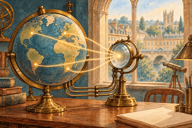Watercolour illustration of a brass globe with light trails converging on a glass lens in a Victorian workshop overlooking Bath