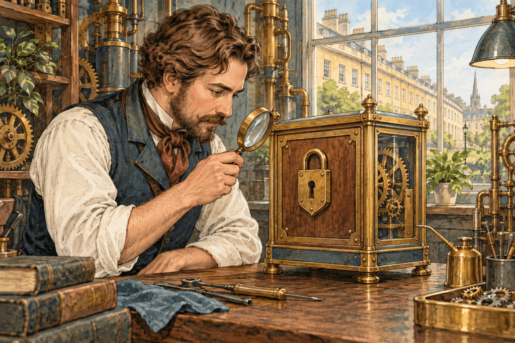 Watercolour and ink illustration of a Victorian technician inspecting a brass lock on a mechanical cabinet in a workshop overlooking Bath