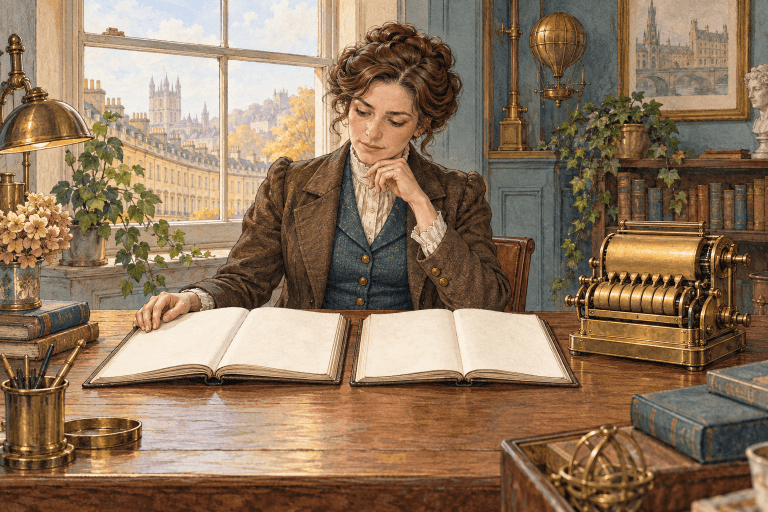 Watercolour illustration of a Bath business owner comparing two blank ledgers beside a brass calculating machine