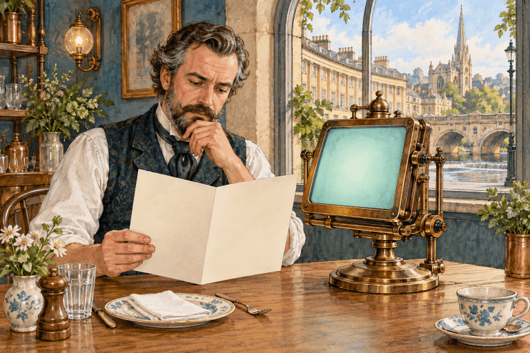 Watercolour and ink illustration of a Victorian restaurant owner checking a blank folded menu beside a brass viewing machine in a Bath dining room