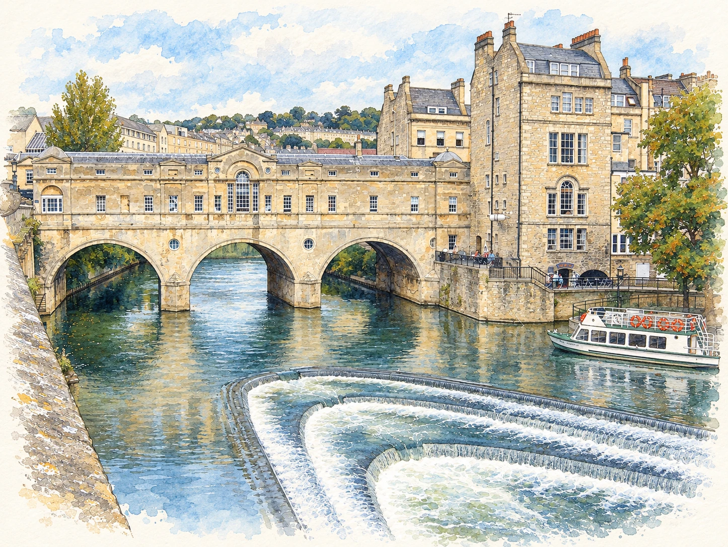 Watercolour and ink illustration of Pulteney Bridge and the weir in Bath.