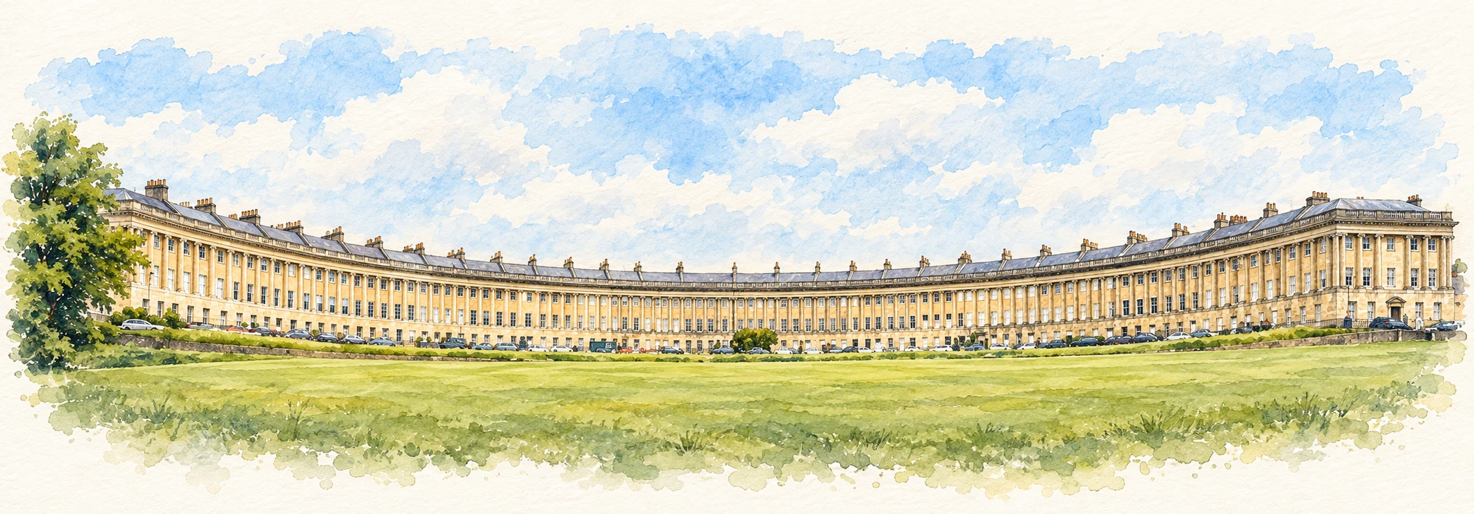 Watercolour and ink illustration of the Royal Crescent in Bath.